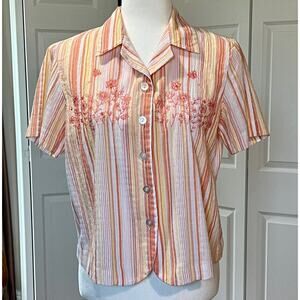 Alfred Dunner 6P button front short sleeve top blouse. Sherbet pastel stripes.